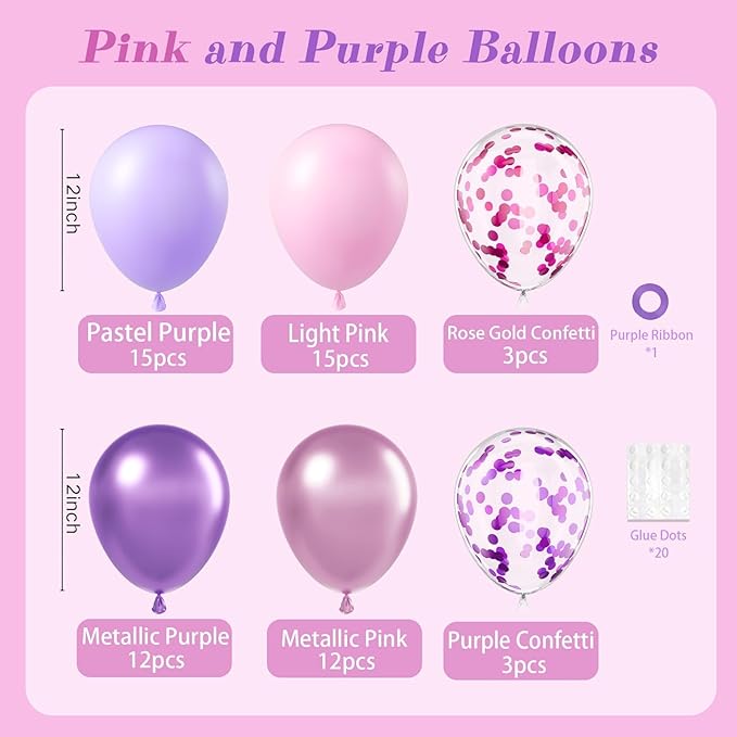 61pcs Pink and Purple Balloons, 12 Inch Purple Pink Confetti Latex Balloons, Metallic Balloon for Bridal Baby Shower Wedding Women Birthday Party Decorations