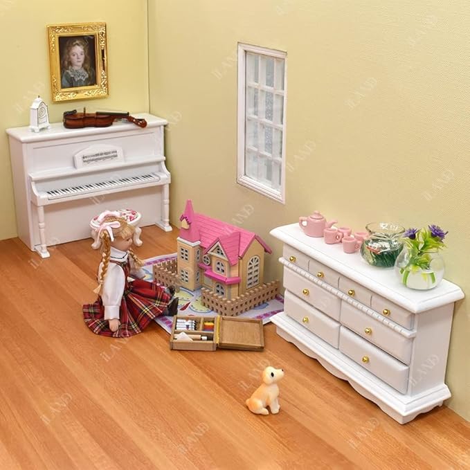 iLAND Wooden Dollhouse Furniture on 1/12 Scale of Pink Dollhouse Bedroom Set w/Piano (Sweet Doll Furniture 6pcs)
