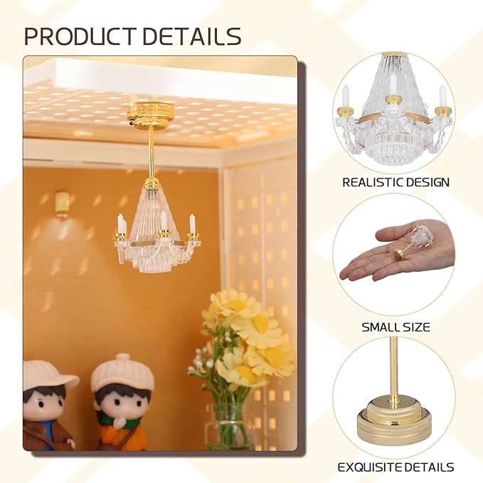TOYANDONA Dollhouse Chandelier - 1/12 Scale Doll House Ceiling Lamp Miniature Dollhouse Lights Led Battery Operated for Doll House Decoration Accessories