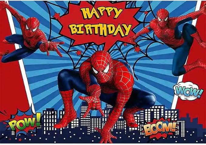 51PCS spidey birthday party supplies, backdrop, "Happy Birthday" banner,tablecloth, large aluminum balloon, small aluminum balloons, latex balloons, cake topper,cupcake toppers, hanging swirls