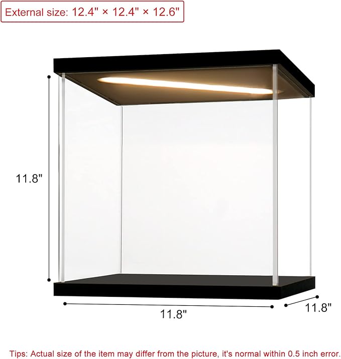 Acrylic Display Case for Collectibles Clear Acrylic Boxes for Display Action Figures Dolls Lighted Basketball Model Display Case Home Organizer Box(Black-Solid Yellow; 11.8*11.8*11.8 inch)