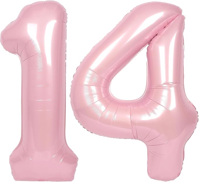 SUWEN 40 Inch Pink Large 14 Number Balloons Big Foil Helium Number Balloons 0-9 Jumbo Happy 14th Mylar Birthday Party Decorations for Girl or Women 41 Anniversary Party Supplies