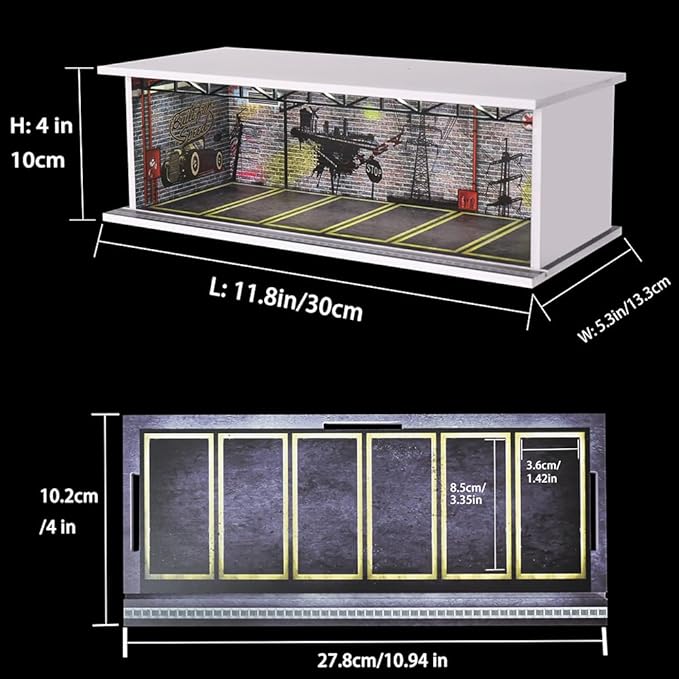 1/64 Hot diecast Wheels Cars Display case - 1/64 Scale Model Cars scenarios Display Box with LED Light and Acrylic Cover, Scenes Parking lot Diorama Storage Garage 6 Parking Spaces (Industry)