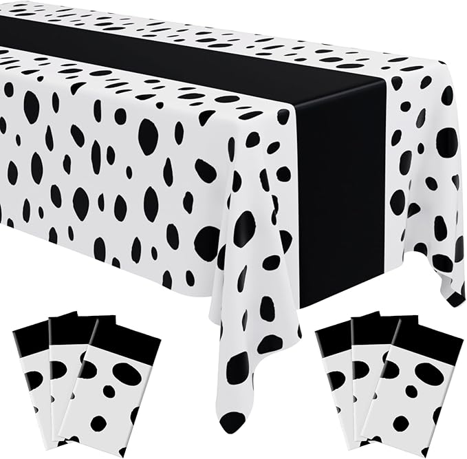 Irenare 6 Pcs Dalmatian Tablecloth Polka Dot Tablecloth Printed Table Runner Waterproof Disposable Art Table Cover for Birthday Wedding Picnic Tea Party Decoration, 54" x 108"(Black)