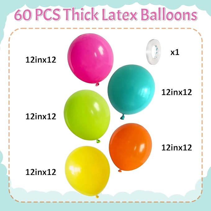 Tropical Balloons 60PCS Summer Hawaiian Balloon Colorful Neon Hot Pink Green Teal Orange Multicolor Latex Helium Ballon for Birthday Baby Shower Aloha Luau Pool Tropical Party Decorations