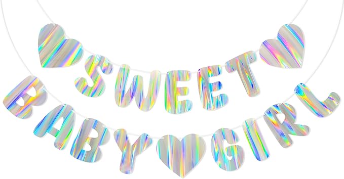 Iridescent Baby Shower Banner for Girl, Pre-Strung Sweet Baby Girl Banner, Holographic Baby Shower Decorations Sign