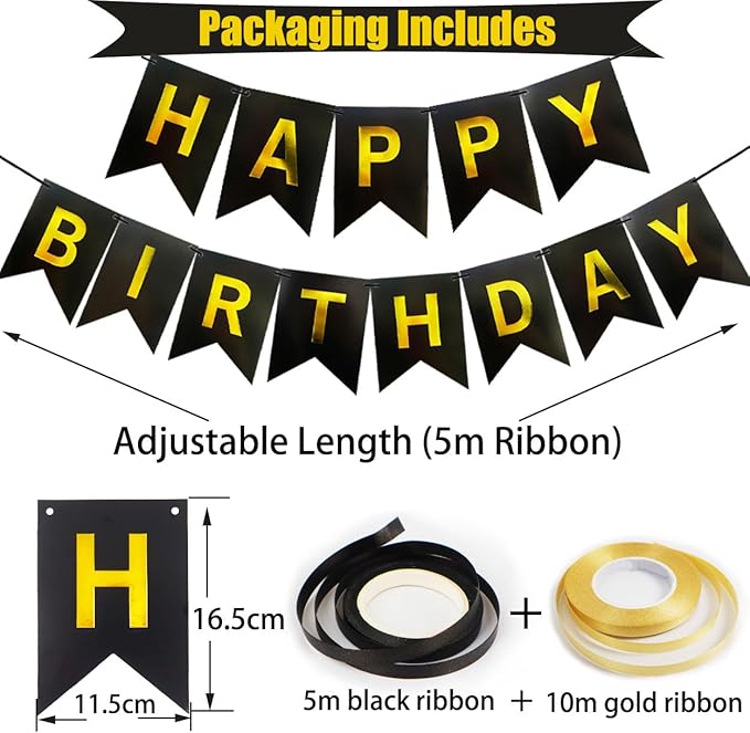 Happy Birthday Banner, Black Gold Birthday Decoration, 16 Pcs 12in Balloons with 2 Ribbons for Men Women Girls and Boys Party Decoration