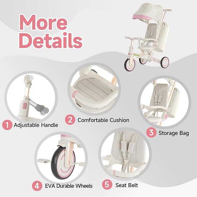 WinHope 9-in-1 Push Tricycle for Toddlers 1-3 Years, Convertible Kids Trike with Push Handle & Safety Belt, One-Client Foldable Design + Storage Basket, Birthday Gift and Toy for Boys and Girls(Pink)