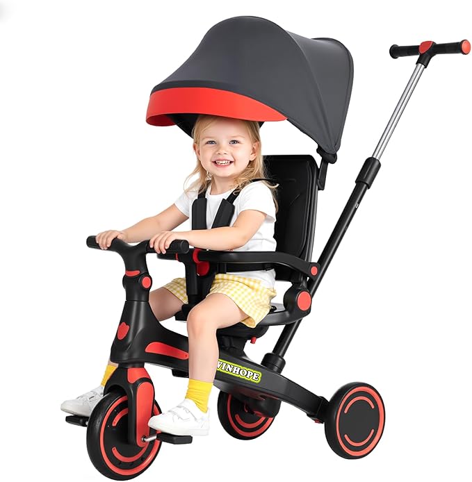 Winhope Kids Tricycle, 6 in 1 Baby's Tricycle Toddler Trike with Adjustable Push Handle, Reversible Seat and Canopy, Baby Stroller for 1-6 Year Olds, Suitable for Outdoor Activities(Red)