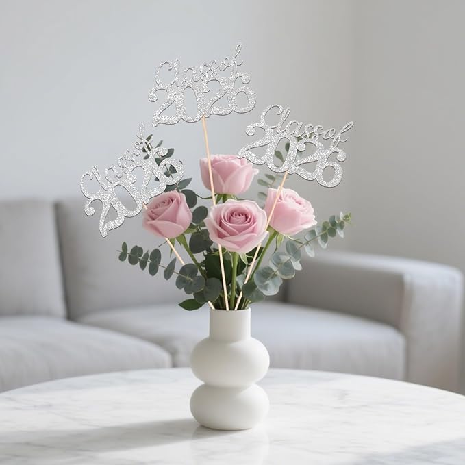 Silver Class of 2026 Double-sided Graduation Table Centerpieces, 12 Pcs Grad Party Decorations with Sticks, Graduation 2026 Party Supplies for Table Decor