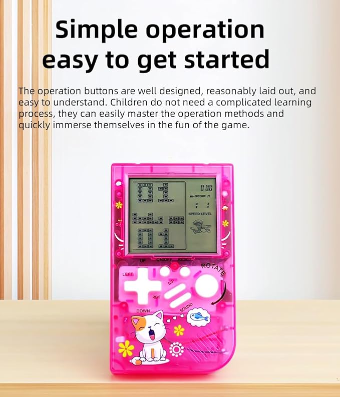 Kids Brick Game Console Small Portable Transparent Body Built-in 23 Retro Blocks Games Adjustable Difficulty/Speed Powered by 2 AAA Batteries Kids/Students Birthday Toys (Purple)