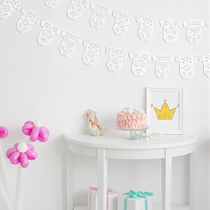 4 Set Cielito Lindo Baby Shower Garland 48 Pcs White Papel Picado Party Decorations Mexican Lace Baby Bodysuit Banner Card with Hanging String for Gender Neutral Party Supplies