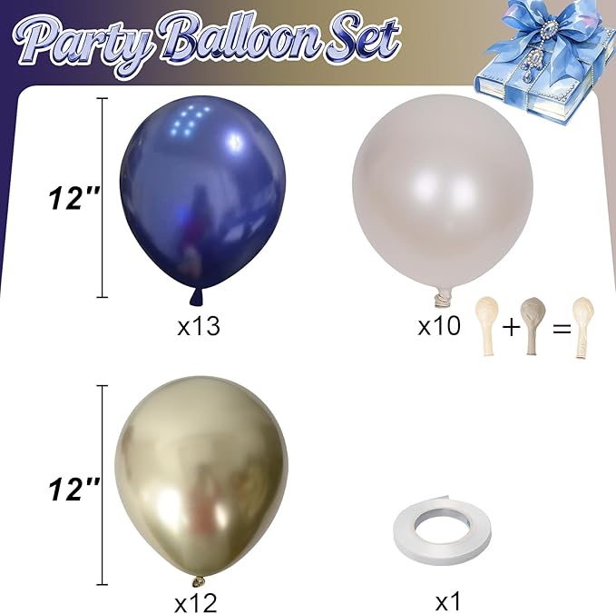 Navy Blue and Gold Balloons, 12 Inch Dark Blue and Gold Double Stuffed Pearl White Sand Balloons for New Year Graduation Mens Birthday Retirement Party Decorations