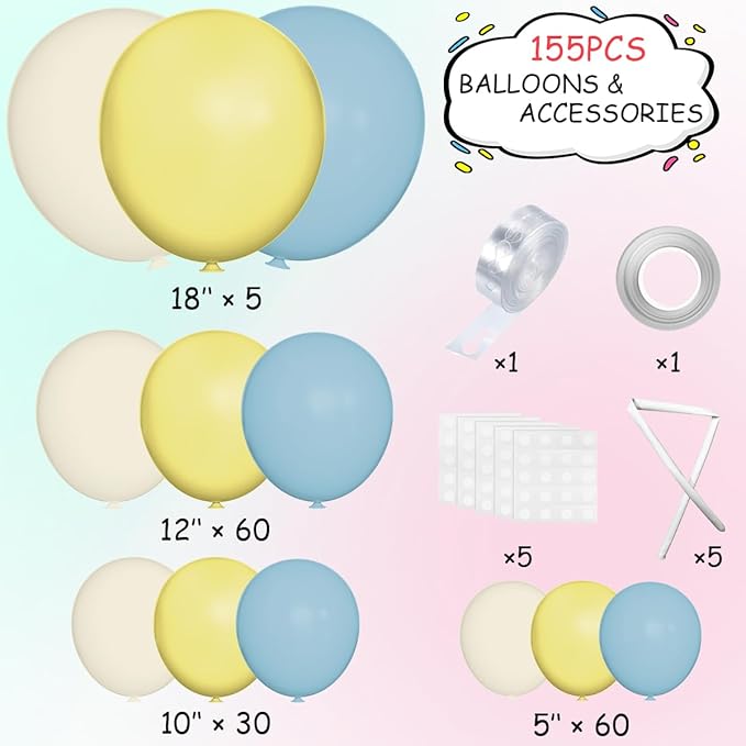 Blue Yellow White Balloon Garland Arch Kit, 155Pcs Latex Balloons Different Size 18 12 10 5 inch for Birthday Baby Shower Wedding Anniversary Party