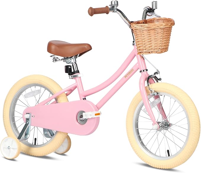 Petimini Vintage Kids Bike for Girls, 12–20 Inch Classic Bicycle with Wicker Basket & Bell, High Tensile Steel Frame, Training Wheels (12–18”), 85% Pre-Assembled, Retro Bike for Outdoor Riding