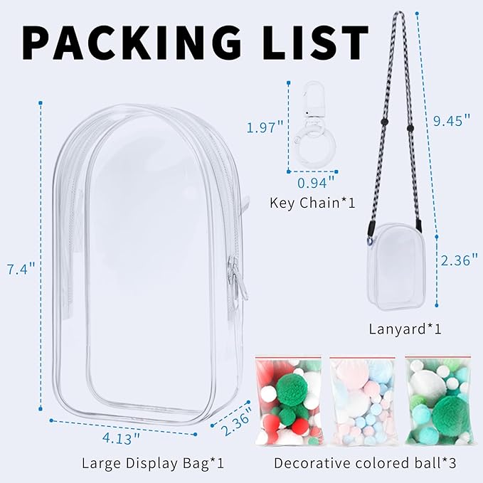 Protective Case for Labubu Plush Doll, Clear Bag Hanging Display with Keychain, Toy Storage Box carrier, PVC Transparent Figure Cover, Carrying Pouch Accessories(Doll Not Include) (Large 7.4")