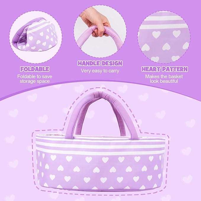 AORI Reborn Baby Dolls Bassinet - Foldable Doll Crib Bed Soft Doll Carrier Accessories with Handle for 17-22 Inches Newborn Baby Girls (Purple)
