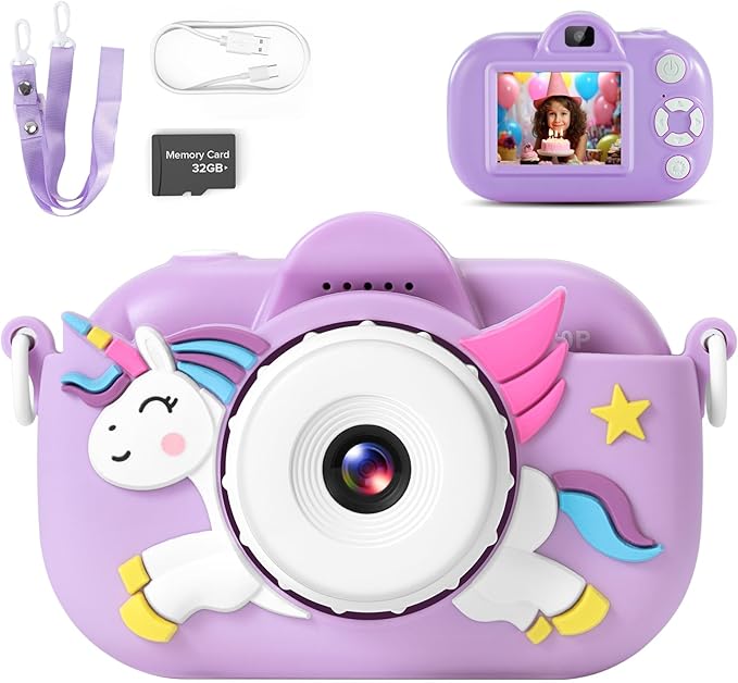 Kids Digital Camera for Girls Ages 3–8 32MP Photo & 1080p HD Video Camera, Cute Soft Protective Case, 32GB SD Card Included Ideal Birthday for Kids