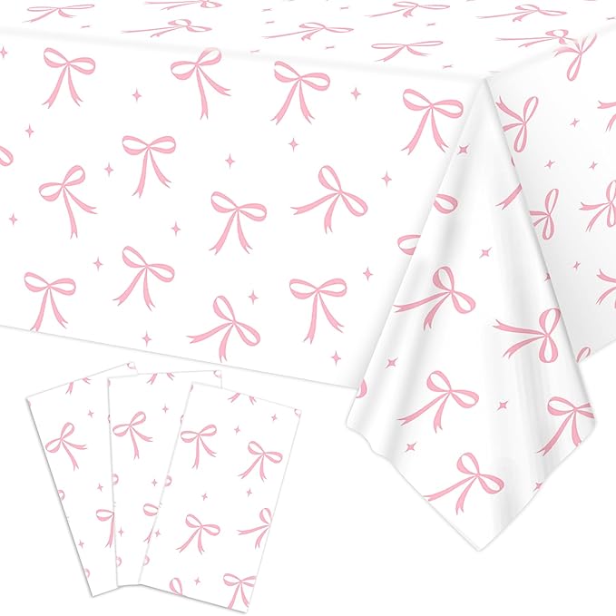 3pcs Coquette Pink Bow Tablecloth, 54 x 108 inch Bow Party Plastic Table Cover, Coquette Birthday Decorations for Bachelorette Bridal Shower, Baby Shower, Girls Birthday Party Supplies