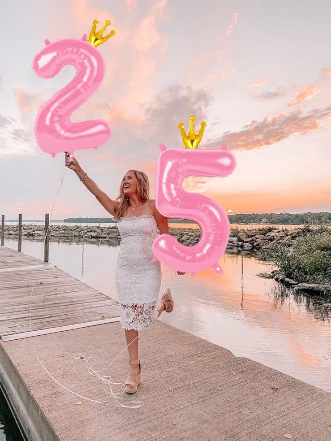 Pink 40 Inch Number Balloon (5) with Crown, Unique Foil Design, Reusable, for Birthday Party, Wedding, Anniversary