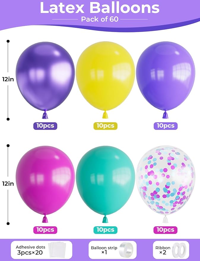 Pink Blue Purple Balloons,60 Pcs 12 Inch Confetti Party Balloons Hot Pink Metallic Purple Yellow Teal Balloon Multicolor Latex Balloon for Magic Theme Birthday Party Decorations