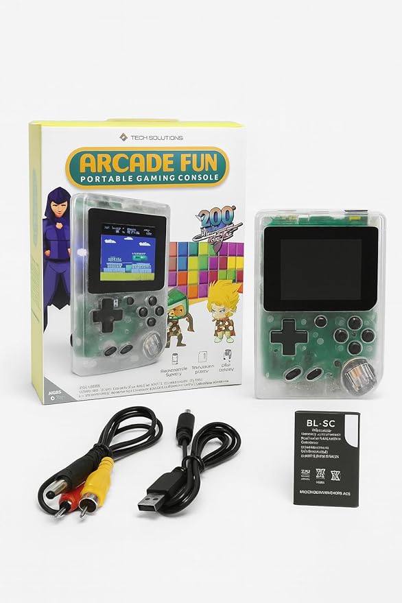 Tech Solutions Arcade Fun Portable Gaming Console, 200 Classic Games, Clear Transparent Design, Rechargeable Battery, TV Connectivity, Ages 8+, with AV and USB Cables