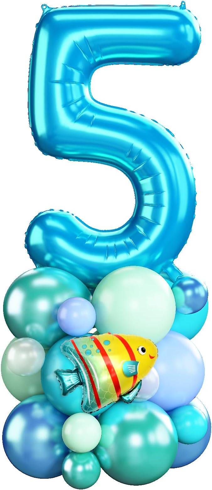 40 Inch Number 5 Balloon Blue Ocean Under the Sea Number Five Foil Balloons Tower with Shark Bubble Fish for Boys 5th Birthday Party Decor Blue Green Underwater Digital Aluminum Balloons Stack