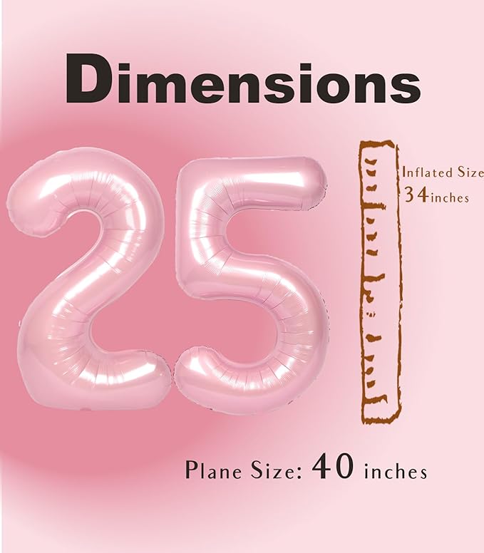 SUWEN 40 Inch Large Pink 25 Balloon Numbers Big Foil Helium Number Balloons 0-9 Jumbo Happy 25th Mylar Birthday Party Decorations for Women 52 Anniversary Party Supplies