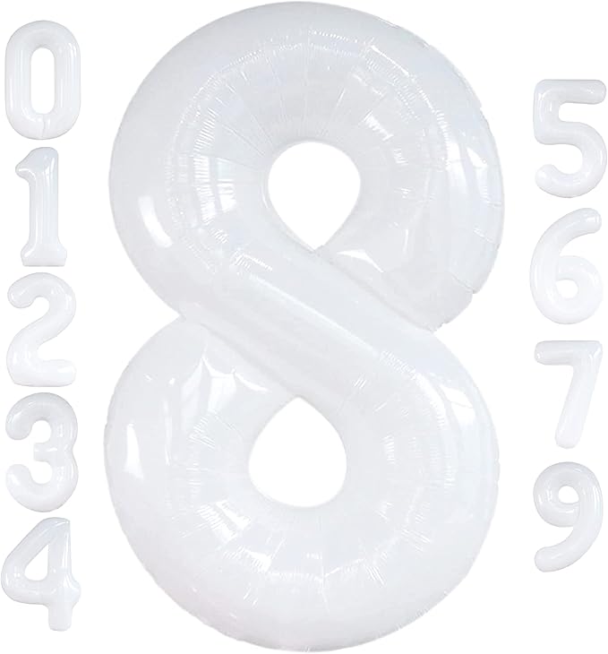 Giant, 8 White Number Balloons - 40 Inch Number 8 Balloon | 8 balloon Birthday Decorations for Girls and Boys | Number 8 Large White Balloons for Birthdays | | 8 Foil Balloon for Bday Party Supplies