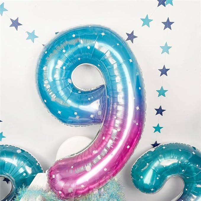 Mermaid Starry Number 9 Balloons, 40 Inch Large Purple Blue Pink Foil Number Balloons Set 0-9 for Girls, Globos de Numero 9 Helium Balloon for 9th Age Birthday Anniversary Party Decorations Supplies