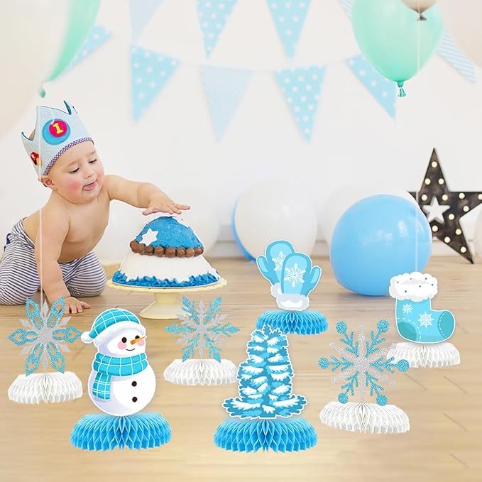 9Pcs Winter Wonderland Decorations 3D Snowflake Honeycomb Table Centerpieces for Frozen Winter Blue White Theme Christmas Baby Shower Birthday Party Supplies (Snowman Blue)