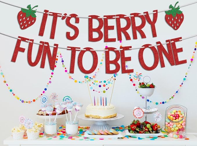 It's Berry Fun to be One Banner, Strawberry 1st Birthday Decorations, Berry Sweet Baby Shower Decoration, First Baby Girls One Year Old Birthday Party Supplies Red Green