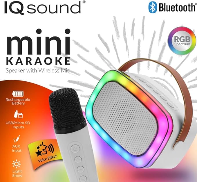 IQ Sound IQ-908K Mini Karaoke Bluetooth Speaker with Wireless Microphone, RGB Lights Surround, Fun Voice Changing in Rechargeable Compact, and Portable Design Ideal Gifts for Kids and Adults (White)