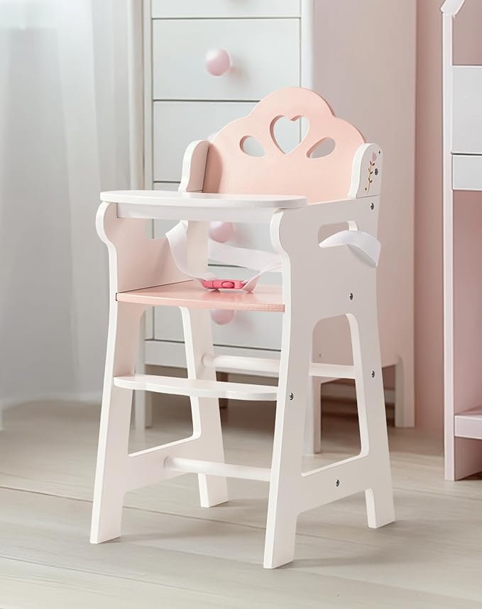 ROBUD Baby Doll High Chair, Pretend Play High Chair with Seat Belt, White Wooden Baby Doll Accessories with Movable Tabletop, Fits 18-20 Inch Dolls, WRP27