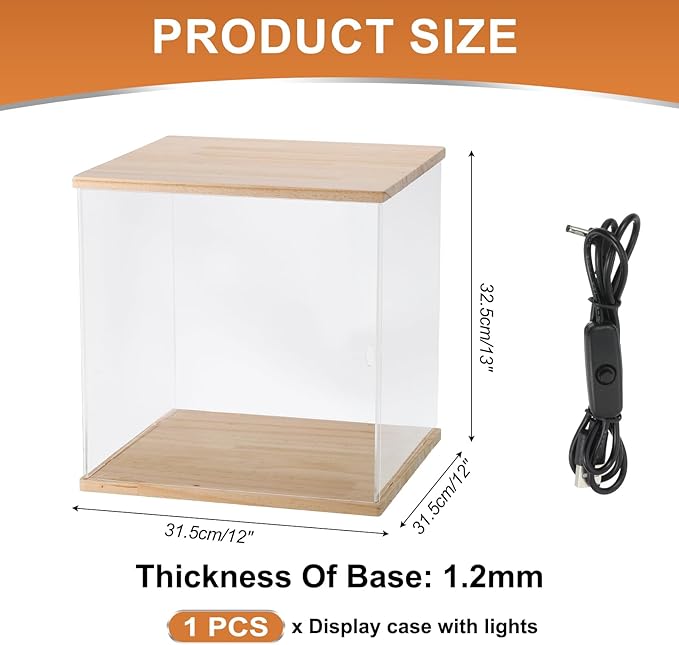 MECCANIXITY Clear Display Case, Acrylic Figure Display Case Clear Display Boxes for Collectibles, Figures Model Toys Home Storage(with Square LED Light, 12x12x13 Inch Wood Base)