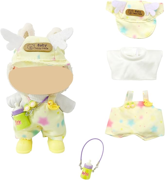 Macaron Style Doll Clothes Set for 17cm Plush Dolls, Include 5 Outfits with Hats, Glasses, Cute Dress Up Accessories for Doll Play and Display, (No Dolls)