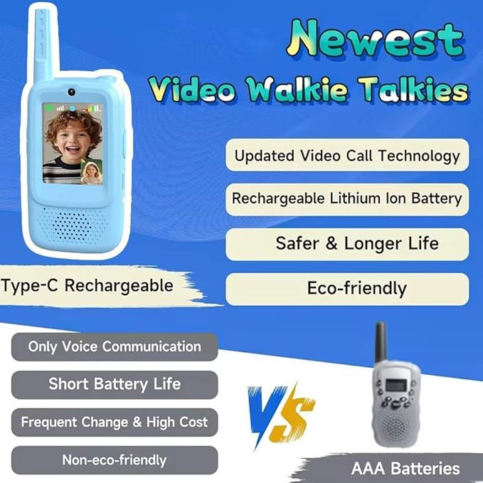 Video Walkie Talkies for Kids,2 Pack Rechargeable Video Intercom Kids Walkies Talkies, Indoor Outdoor Toys for Family Games, Outside, Camping, Hiking for Boys Girls Ages 3-12
