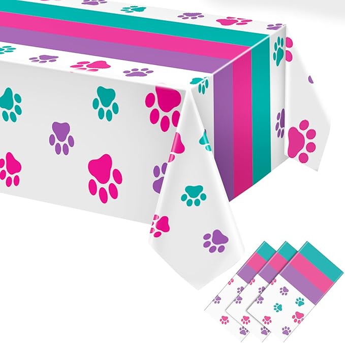 Newwiee 3 Pcs Puppy Paw Print Tablecloth Plastic Disposable Colorful Table Cover Dog Table Cloth Paw Print Party Supplies for Dog Pet Themed Party Decorations Supplies Favors, 51 x 108''