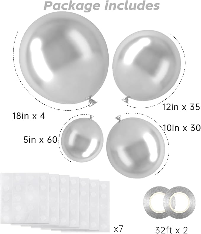 RUBFAC Silver Balloons 129pcs Different Sizes 18 12 10 5 Inches Metallic Balloon Garland Arch Kit Disco Ball for Birthday Party Graduation Wedding Holiday Decoration