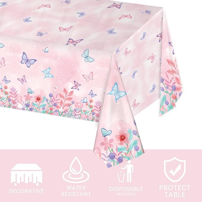 3 Pack Butterfly Tablecloth Disposable Plastic Table Covers for Girls Kids Birthday Party Decorations, 108 x 54 Inch