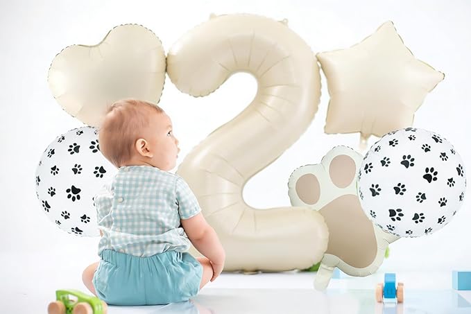 2nd Birthday Dog Paw Balloons Set,18'' Paw Prints, Heart,Star,Paw Shaped Foil Balloon 40''Cream Number 2 Helium balloons for Puppy Themed Baby Shower Second Birthday Party Decorations Supplies 6PCS