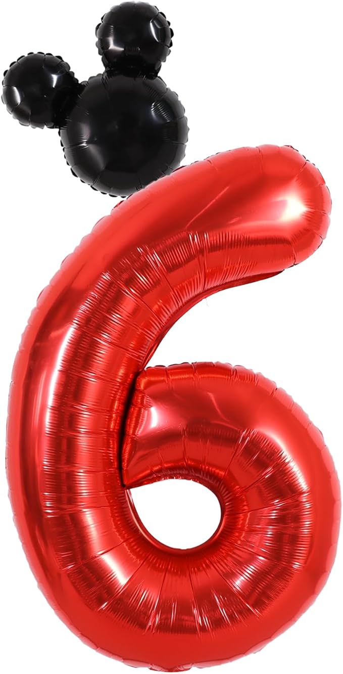 Vuzvuv 40 Inch Mouse Number Balloon No.6, Black Mouse Head Balloon and Red Giant Giant Number Six Balloon for Birthday, Mouse Theme Party Supplies, Baby Shower,Anniversary Decoration