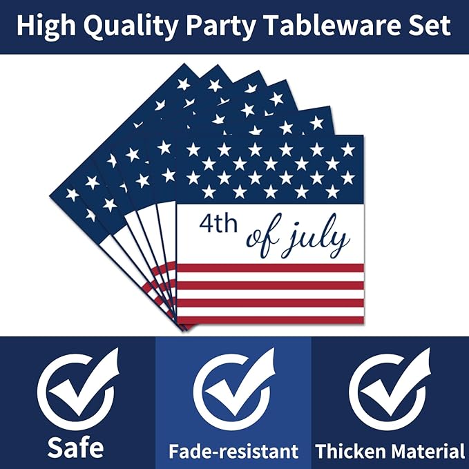 Highland Cow Patriotic Party Supplies - 96PCS Plates and Napkins Tableware Disposable Dinnerware Serve 24 Guests American Flag Patriotic 4th of July Memorial Veterans Day Party Decorations Supplies