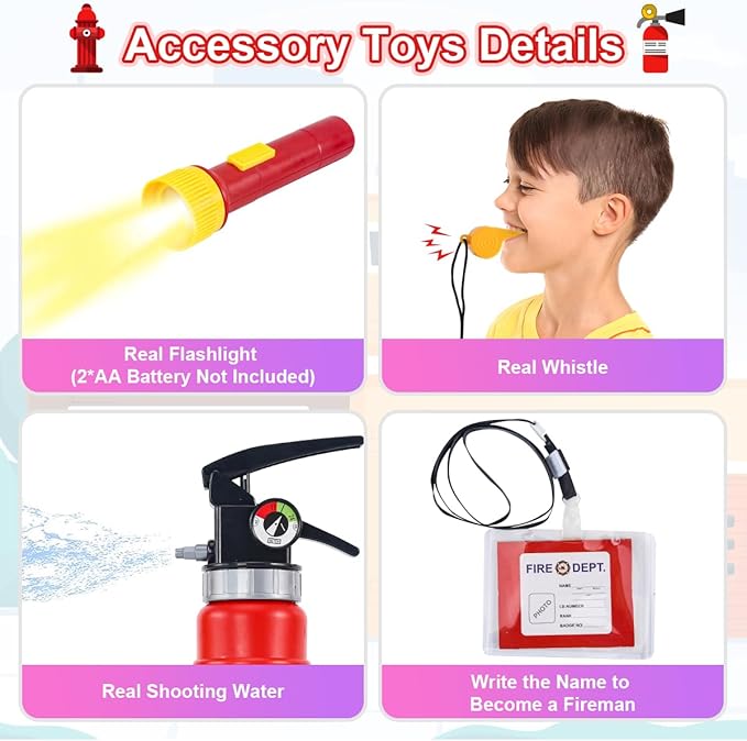 Fireman Costume for Kids, 10 Pcs Firefighter Costume with Toy Accessories Set, Fireman Role Play Outfit Toys, Kids Firefighter Dress Up Clothes, Halloween for Boys Toddlers Ages 3 4 5 6 7