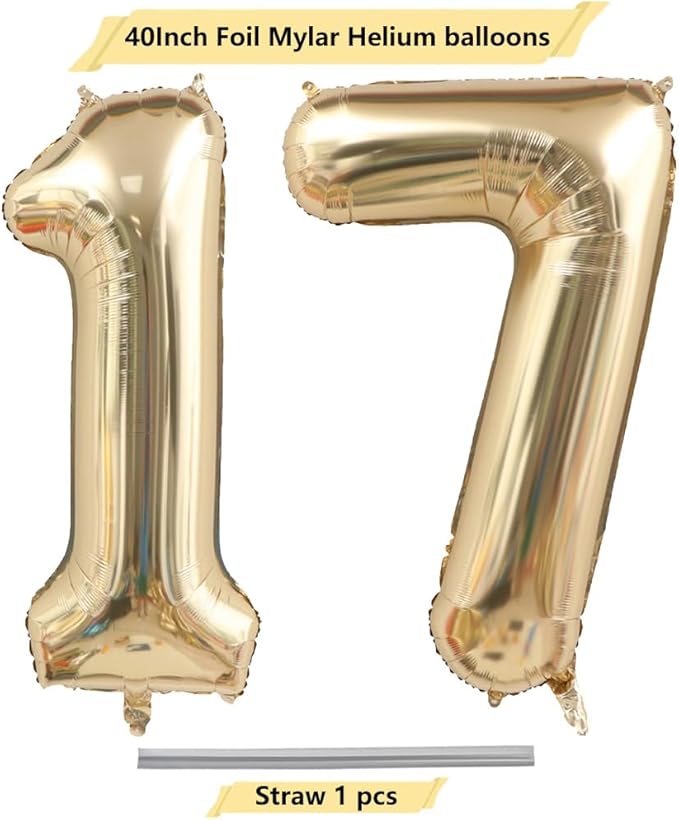 40 Inch Light Gold 17 Number Balloons White Gold Giant 17 Foil Mylar Helium Large Digital Balloon Champagne Gold Birthday Numbers Jumbo Balloons 17th or 71st Anniversary Party Decorations Supplies