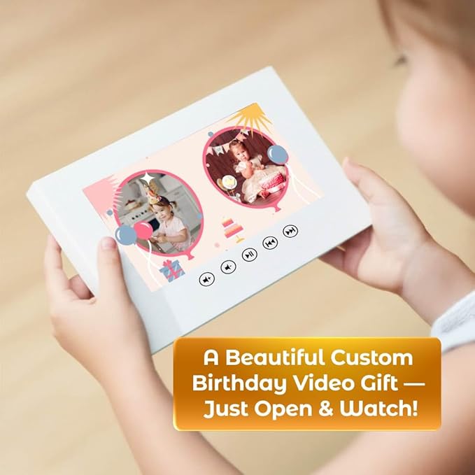 Babies’ Birthday Video Greeting Card – Upload Photos for Animated Slideshow – Heartwarming Gift for Children – 7” Digital Display, 4GB Memory, Long-Lasting Battery, USB Setup