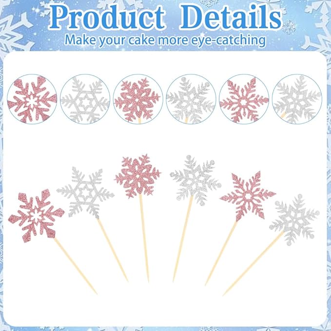 Snowflake Cupcake Toppers, 24PCS Glitter Winter Frozen Cupcake Picks Cake Decorations, Pink and Silver Snowflake Food Picks Topper for Christmas Winter Wonderland Baby Shower Party Decoration Supplies
