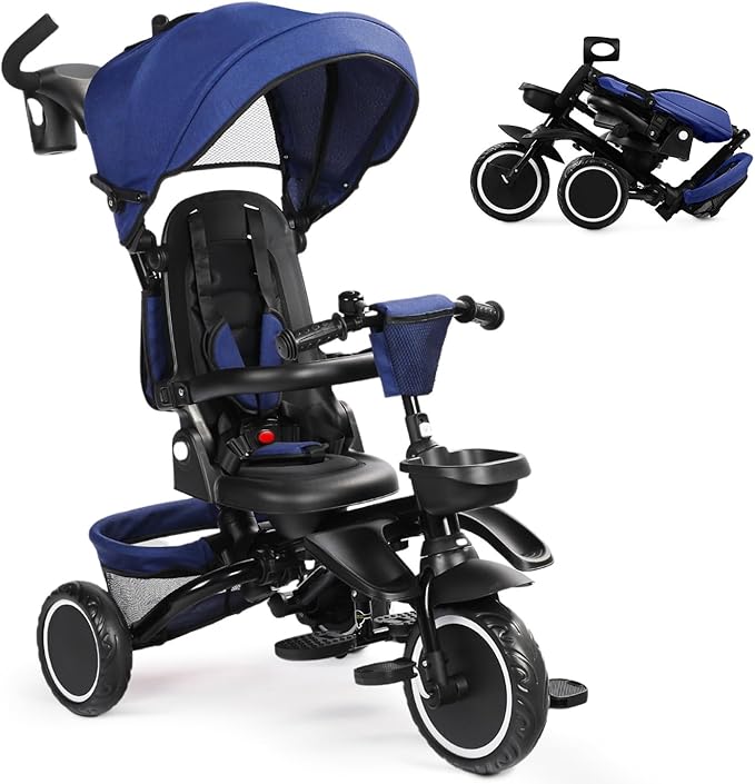 Folding Kids Tricycle, 8 in 1 Toddler Trike W/Removable & Adjustable Canopy, Parent Handle, 5-Piont Harness, Toddler Bike Tricycle for Kids 1-6 Years, EVA Wheels, Storage Basket, Blue