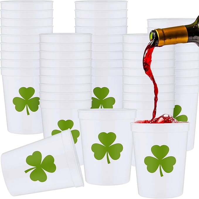 Patelai 32 Pcs St Patricks Day Party Plastic Cups Bulk 16 oz Reusable Lucky Shamrock Cups for St Patricks Day Party Adults Drink Snacks Irish Festival Favors Supplies(White)