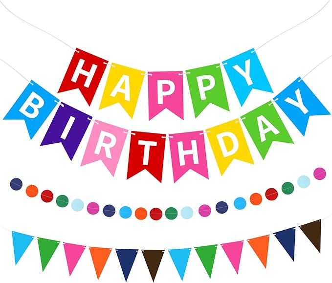 Colorful Happy Birthday Banner, Happy Birthday Decorations Hanging Birthday Sign Circle Dot Triangle Bunting for Women Men Girl Boy Party Supplies